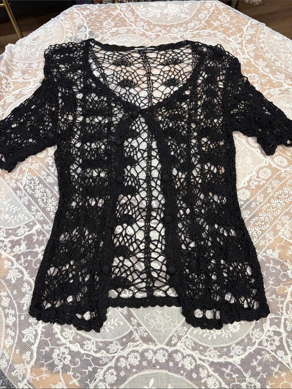 Black Openwork Crochet Short-Sleeve Sweater